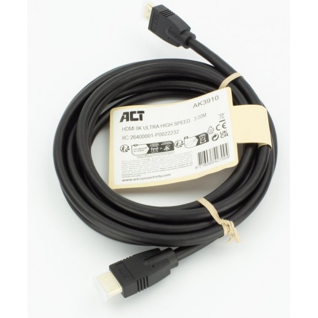 ACT AK3910 HDMI Ultra High Speed кабел HDMI A към HDMI A, 3 м, 8K 60Hz, 4K 144Hz, 48 Gb/s, черен ACT AK3910 HDMI Ultra High Speed кабел HDMI A към HDMI A, 3 м, 8K 60Hz, 4K 144Hz, 48 Gb/s, черен