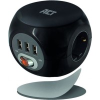 ACT AC2400 кубичен разклонител с 3 контакта, 3 USB-A порта, ключ, 1.5 м, черен