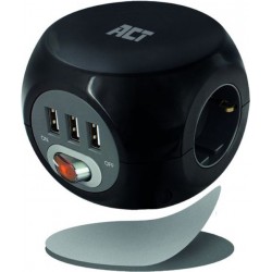 ACT AC2400 кубичен разклонител с 3 контакта, 3 USB-A порта, ключ, 1.5 м, черен