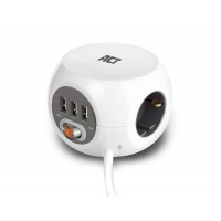 ACT AC2405 разклонител куб с 3 гнезда, 3 x USB-A, 1.5 м, бял, с ключ