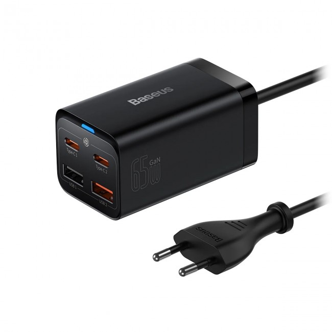 Baseus GaN 3 Pro Charger 65W QC4.0+ (CCGP040-101) – мрежово зарядно с 2xUSB-A, 2xUSB-C и USB-C кабел, черно Baseus GaN 3 Pro Charger 65W QC4.0+ (CCGP040-101) – мрежово зарядно с 2xUSB-A, 2xUSB-C и USB-C кабел, черно