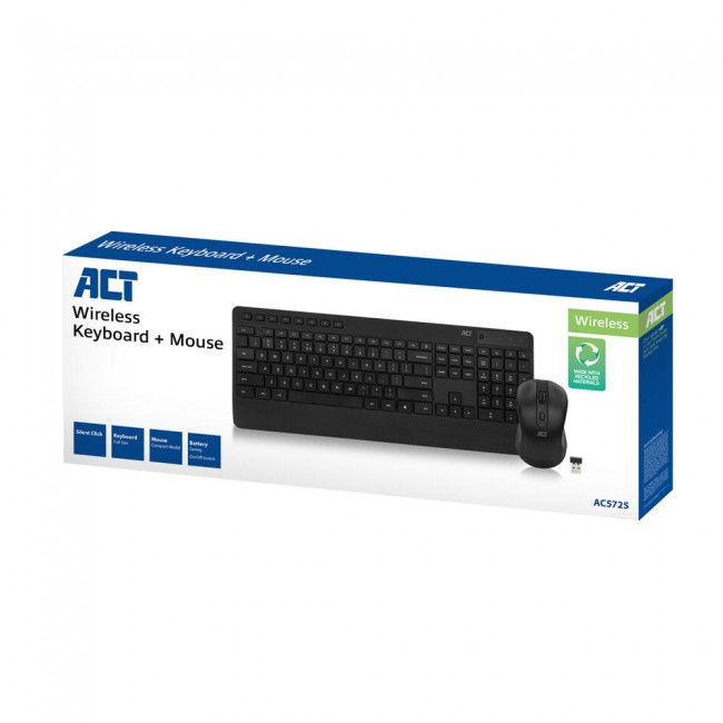ACT AC5725 безжичен комплект клавиатура и мишка, QWERTY, безшумен, USB-A, рециклирани материали
