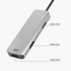 ACT AC7013 USB-C хъб 2x HDMI + 1x USB-A Multiport адаптер, 4K, MST, 12 см