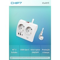 Ewent EW3870 настолен разклонител с 2 контакта Schuko и 3 USB порта, USB-A и USB-C PD/QC 3.0 до 20 W