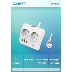 Ewent EW3870 настолен разклонител с 2 контакта Schuko и 3 USB порта, USB-A и USB-C PD/QC 3.0 до 20 W