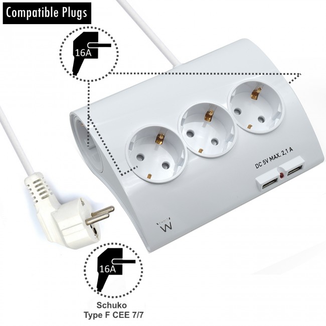 Ewent EW3935 настолен разклонител с 5 гнезда, 2 USB-A порта и ON/OFF бутон Ewent EW3935 настолен разклонител с 5 гнезда, 2 USB-A порта и ON/OFF бутон