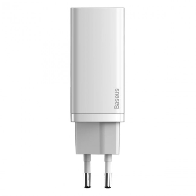 Baseus CCGAN2L-B02 GaN зарядно устройство 65W с USB-C и USB, бяло Baseus CCGAN2L-B02 GaN зарядно устройство 65W с USB-C и USB, бяло