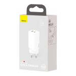 Baseus CCGAN2L-B02 GaN зарядно устройство 65W с USB-C и USB, бяло Baseus CCGAN2L-B02 GaN зарядно устройство 65W с USB-C и USB, бяло