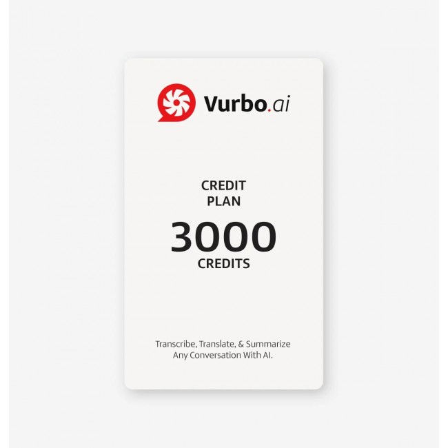 Vurbo.ai S-005-0-08-92 – Pay-as-you-go Prepaid Pack, 3000 Credits, Digital License Vurbo.ai S-005-0-08-92 – Pay-as-you-go Prepaid Pack, 3000 Credits, Digital License