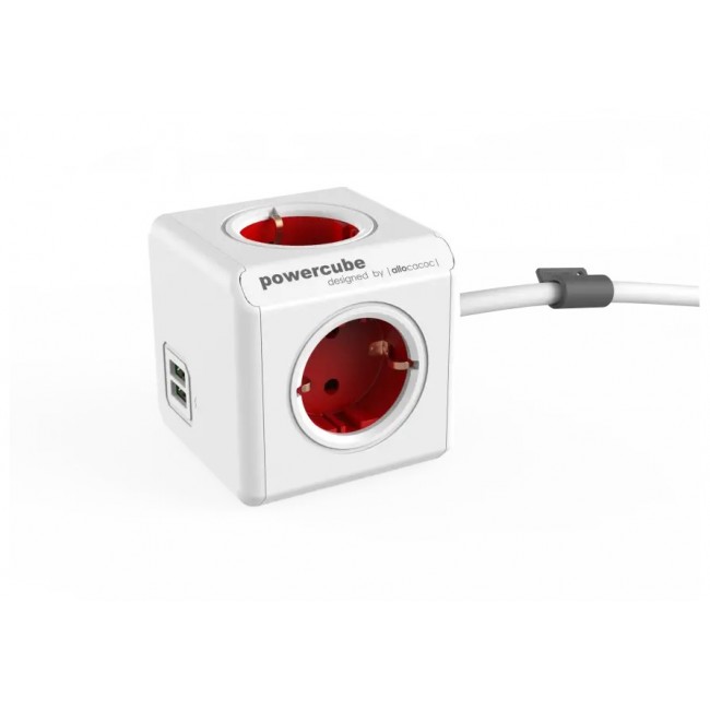 [1402/1406RD-DEEUPC] DesignNest PowerCube Extended 1402RD разклонител, 4 гнезда, USB, 1.5м кабел, червен (8718444087038)